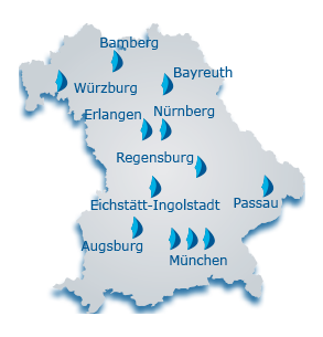 Karte der teilnehmenden bayrischen Universitäten. Darunter sind die 9 Bayerischen Landesuniversitäten (LMU, TU, Uni Augsburg, Uni Passau, Uni Regensburg, Uni Bamberg, Uni Bayreuth, FAU, Uni Würzburg) sowie die KU Eichstätt-Ingolstadt und die UniBw